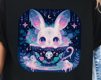 Pastel Goth Witchy Bunny-shirt, theekopje konijn ontwerp, Yami kawaii griezelig schattig T-shirt, konijntje, schattige schedels T-shirt, harajuku-cadeau voor alt-fans