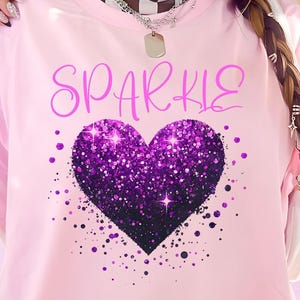 Purple Glitter Heart Sparkle Shirt, Trendy Women&#39;s Graphic Tee, Cute Black T-Shirt, Valentine&#39;s Day Gift for Her, Cottagecore Casual Outfit