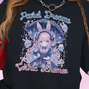Camiseta de coelhinha gótica pastel, estética fofa e assustadora do Yami Kawaii, roupas de lolita gótica, camiseta Harajuku com caveiras, presente para amantes de lolita
