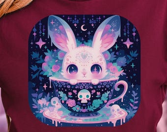 Pastel Goth Witchy Bunny-shirt, theekopje konijn ontwerp, Yami kawaii griezelig schattig T-shirt, konijntje, schattige schedels T-shirt, harajuku-cadeau voor alt-fans