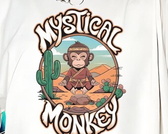 Mystical Monkey T-Shirt, Meditating Monkey Zen Tee, Retro 70s Style, Spiritual Desert Clothes, Urban Streetwear, Unique Animal Shirt Gift