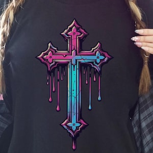 Pastel Goth Cross T-Shirt, Colorful Gothic Aesthetic Tee, Kawaii Alternative Fashion & Cute Goth Shirt, Unique Festival Apparel, Goth Gifts