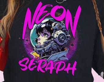 Neon Cyberpunk Anime Girl T-Shirt for Alt Fashion Lovers, Mecha Otaku Graphic Top, Vaporwave Streetwear Tee for Gamers, Y2K Aesthetic Shirt