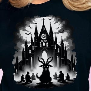 Creepy Cute Baphomet T-Shirt, Gothic Cathedral Occult Aesthetic Tee, Dark Witchcraft Ritual Shirt, Alt Satanic Goth Streetwear Gift for Goth