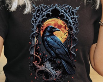 Gothic Raven Tee, Inspired by Edgar Allan Poe, Bookish Dark Aesthetic & Mystical Moon Design Shirt, Raven Art, Literary Gift for Booktrovert