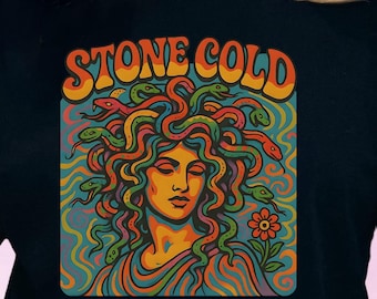 Psychedelic Medusa T-Shirt, 70&#39;s Vintage Retro “Stone Cold” Snake Hair Goddess Tee, Bold & Edgy Mythical Boho Hippie Top, Funky Gift for Her