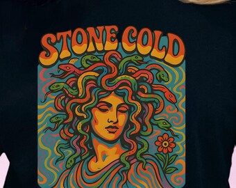 Psychedelic Medusa T-Shirt, 70&#39;s Vintage Retro “Stone Cold” Snake Hair Goddess Tee, Bold & Edgy Mythical Boho Hippie Top, Funky Gift for Her