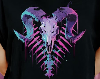 Neon Ram Skull T-Shirt, Pastel Goth Shirt with Ribcage, Gothic & Y2K Dark Fantasy Tee, Grunge Skull Top, Occult Edgy Clothes, Anatomical Tee