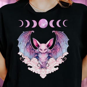 Pastel Goth Bat Shirt with Moon Phases, Yami Kawaii Fairy Kei Tee - Pastel Grunge Shirt, Pink Kawaii Shirt, Harajuku Kawaii