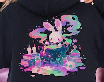 Pastel Goth Witchy Rabbit Hoodie, Creepy Cute Back-print Hoody, Yami Kawaii and Harajuku Clothes, Witchy & Pastel Grunge Top, Gift for Goths