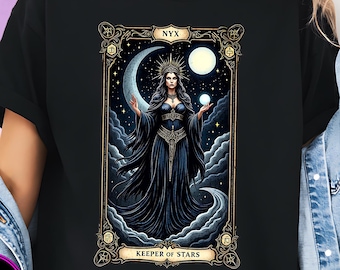 Nyx女神タロットカードTシャツ、神秘的なゴシックムーンTシャツ、天体ファンタジーウィッチコアシャツ、ギリシャ神話オカルト占星術女性へのギフト
