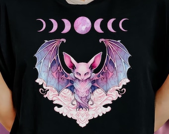 Pastel Goth Bat Shirt with Moon Phases, Yami Kawaii Fairy Kei Tee - Pastel Grunge Shirt, Pink Kawaii Shirt, Harajuku Kawaii