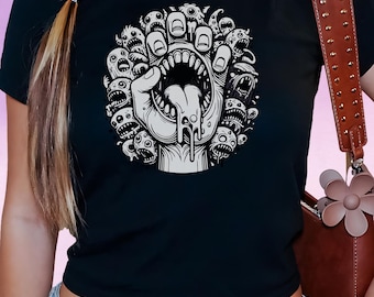 Gothic Baby Tee for Women Into Horror & Alternative Aesthetics, Creepy Hand Mouth Graphic Crop Top, Streetwear Shirt, Gift for Goth Girls