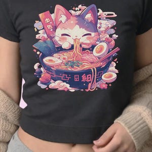 Ramen Cat Crop Top, Harajuku Baby Tee, Yami Kawaii Shirt, Pastel Goth Aesthetic, Japanese Foodie Gift, Kawaii Ramen Anime & Kitty Lover Top