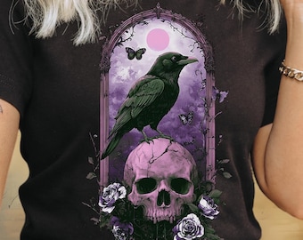 Raven Skull T-Shirt, Gothic Rose Design with Full Moon, Gift for Edgar Allan Poe Lover, Witchy Dark Academia Tee, Literary Booktrovert Gift