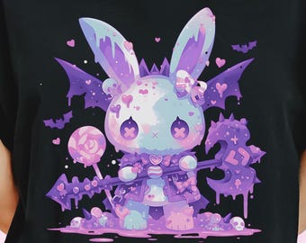 Creepy Cute Bunny T-Shirt, Kawaii Fantasy Anime Tee, Harajuku Pastel Goth Gift for Gamers & Alt Fashion Fans, Spooky Aesthetic Graphic Tee