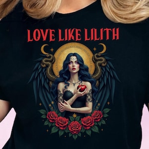 Gothic Lilith T-Shirt, Dark Goddess Graphic Tee, Witchy Occult Top, Mythical Serpent Angel Art, Feminine Empowerment, Edgy Streetwear Gifts