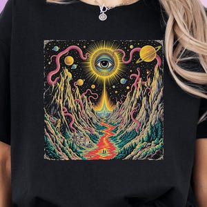 Psychedelic Cosmic Eye Graphic T-Shirt with Trippy Landscape Design, Surreal Vintage Tee & Weirdcore Apparel, Space Art Festival Rave Gift