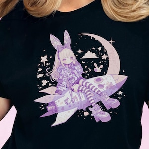 Kawaii Pastel Goth Anime T-Shirt, Cute Bunny Girl Moon Rocket Tee, Aesthetic Harajuku Vaporwave Shirt for Yami Kawaii & Anime Fashion Fans