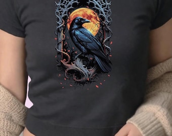 Vintage Gothic Raven Baby Tee for Women, Dark Academia Aesthetic, Edgy Witchy Graphic Crop Top, Vintage Raven Tee, Gift for Edgar Poe Lovers