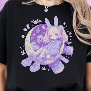 Kawaii Pastel Goth Anime T-Shirt, Cute Bunny Girl Moon Rocket Tee, Aesthetic Harajuku Vaporwave Shirt for Anime & Yami Kawaii Fashion Fans