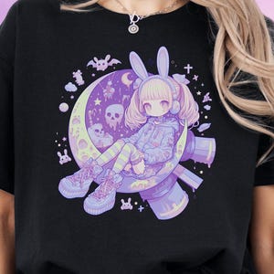 Kawaii Pastel Goth Anime T-Shirt, Cute Bunny Girl Moon Rocket Tee, Aesthetic Harajuku Vaporwave Shirt for Anime & Yami Kawaii Fashion Fans