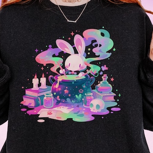 Moletom com estampa de coelho gótico pastel e bruxa, suéter fofo e assustador, blusa kawaii Yami, camisa Harajuku, presentes grunge com estampa de bruxa e pastel, suéter fofo de coelho