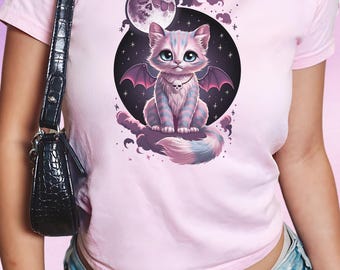 Pastel Goth Cat Baby Tee with Moon, Yami Kawaii Fairy Kei Crop Top - Pastel Grunge & Kawaii Shirt, Harajuku Kawaii - Gift for Pastel Goth