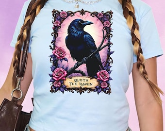 Raven Baby Tee, Quoth Das Raben Zitat Crop Top, Dark Academia Gothic Grafische Kleidung, Edgar Poe inspiriert Shirt, Vintage Raben Kunst Geschenk Top