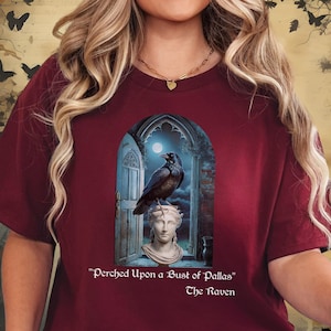 T-shirt gothique inspiré du corbeau et de Poe, chemise Witchy Dark Academia pour Booktrovert, idée cadeau littéraire, cadeau pour ami livresque, buste de Pallas