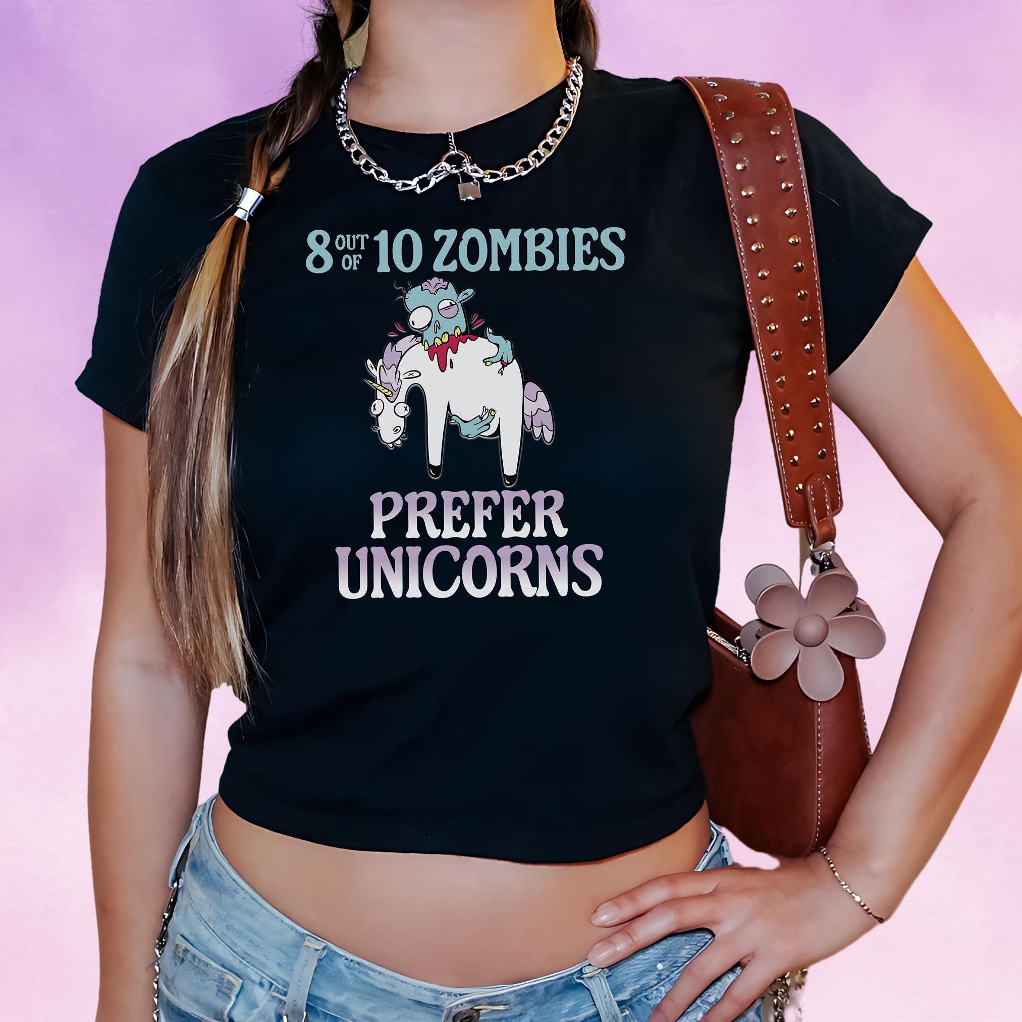 Funny Zombie Unicorn Baby Tee, Gothic Horror Crop Top, Creepy Cute Graphic Shirt, Alt Fashion & Streetwear Dark Humor Top, Gift for Geeks