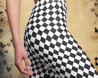 Alice Black & White Checkerboard Leggings: Ankle Length, Whimsical Chessboard Yoga Pants, Women&#39;s Stretch Pants, Perfect Gift for Teen
