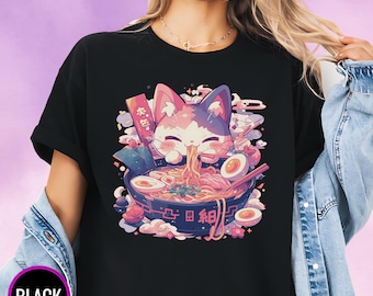 Pastel Goth Ramen Cat Tee, Yami Kawaii Shirt, Alternative Clothing, Japanese Foodies Shirt, Ramen & Cat Lover Top, Kawaii Kitty T-Shirt Gift