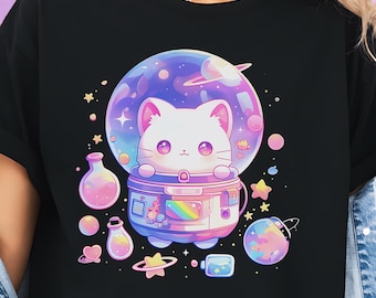 Cute Space Cat Anime T-Shirt for Kawaii Girl Into Harajuku & Pastel Goth Aesthetics, Otaku Graphic Tee Gift for Cat Lover, Spacecore Top