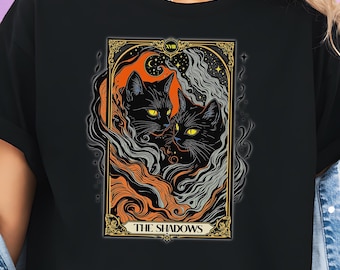 Black Cat Tarot T-Shirt for Witchy Women Into Gothic, Witchcore & Occult Aesthetics, The Shadows Tee Gift for Cat Lovers, Dark Fantasy Top