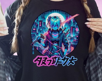 Cyberpunk Anime Streetwear T-Shirt with Neon Samurai Girl, Vaporwave Japanese Aesthetic Tee for Otaku & Gamer Fashion Lovers, Anime Gifts