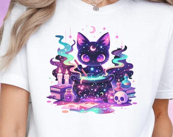 Kawaii Witchy Cat T-Shirt, Pastel Goth & Harajuku Graphic Tee, Mystical Streetwear Top, Alt Fashion