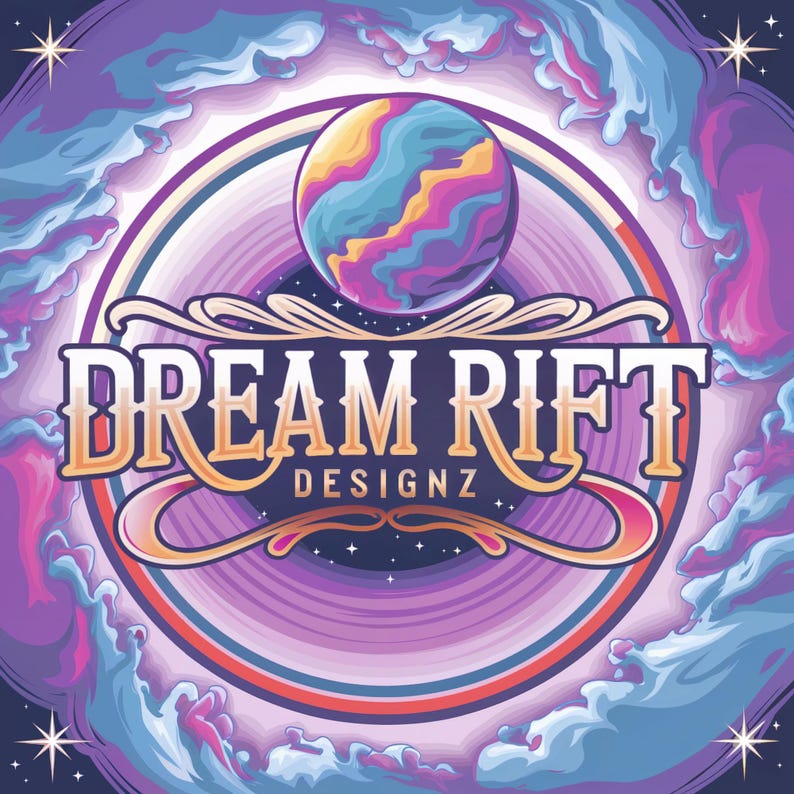 May include: A vibrant logo design featuring the text "DREAM RIFT DESIGNZ" in a stylized font. The design includes a colorful planet, swirling clouds, and a starry background, with shades of purple, blue, and gold.