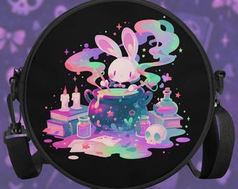 Kawaii Round Satchel Bag for Women Into Pastel Goth, Harajuku & Creepy Cute Aesthetic, Witchy Bunny Design, Crossbody Purse and Handbag Gift