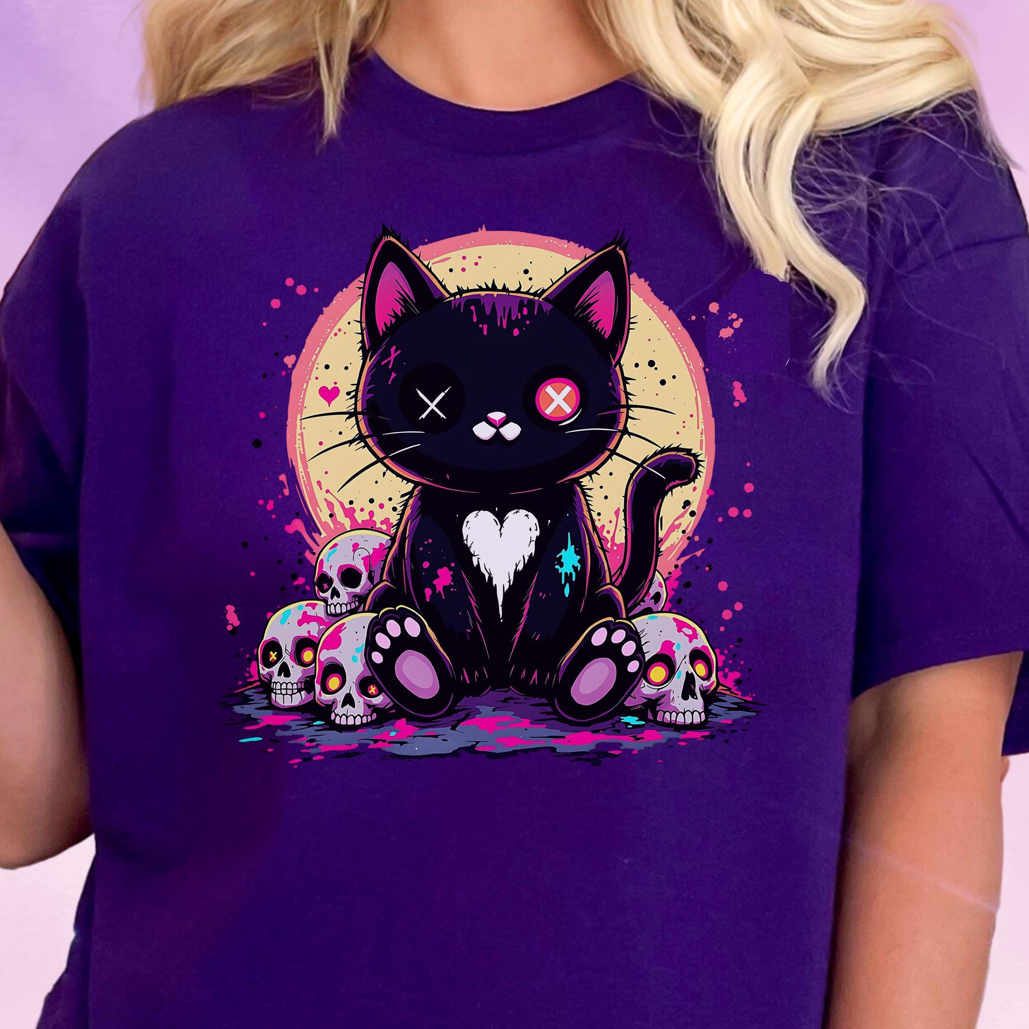 Pastel Goth Black Cat and Skull Tee for Women Into Gothic