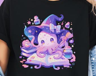 パステルゴス魔女タコシャツ、不気味でかわいいTシャツ、闇かわいいゴス服、原宿Tシャツ、魔女＆パステルグランジシャツ、ゴスへの贈り物
