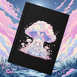 May include: Black notebook with a fantasy illustration of an anime-style girl with bunny ears under a mushroom-shaped cloud. The artwork uses pastel colours and has a dreamy theme. The background shows a night sky with stars and clouds.