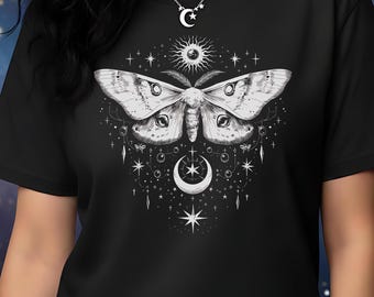 Celestial Moon Moth T-Shirt, Alternative Clothing, Witchy and Gothic Graphic Tee, Plus Sizes