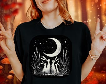 Cute Rabbit T-Shirt, Celestial Moon Bunny, Dark Cottagecore Tee, Gift for Rabbit Lovers, Goblincore Aesthetic, Forest Tee, Animal Lover Gift