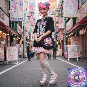 May include: A person wearing a black graphic t-shirt, pink skirt, and platform shoes stands on a street in Japan. The outfit includes a round black purse with a colorful design, rainbow striped socks, and pink platform shoes. The background features Japanese signage.