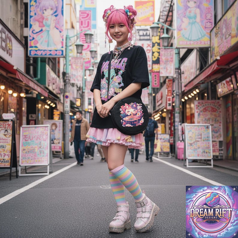 May include: A person wearing a black graphic t-shirt, pink skirt, and platform shoes stands on a street in Japan. The outfit includes a round black purse with a colorful design, rainbow striped socks, and pink platform shoes. The background features Japanese signage.