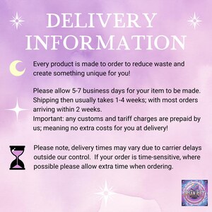 May include: A graphic with the text "DELIVERY INFORMATION" on a purple and white background. The text explains the order process, including production time, shipping, and customs information. The Dream Rift logo is in the bottom right corner.