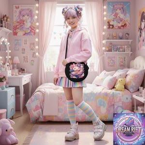 May include: A young person in a pink hoodie and rainbow skirt stands in a pink bedroom. They wear a black round purse with a colorful anime design, rainbow striped socks, and platform shoes. The room is decorated with anime art and plush toys.
