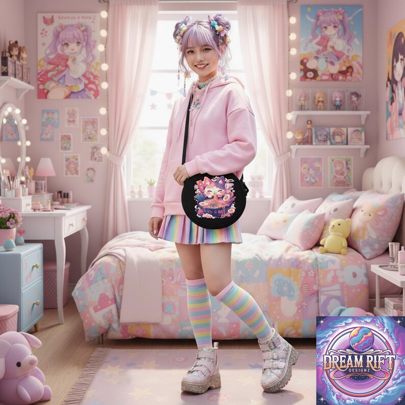 May include: A young person in a pink hoodie and rainbow skirt stands in a pink bedroom. They wear a black round purse with a colorful anime design, rainbow striped socks, and platform shoes. The room is decorated with anime art and plush toys.