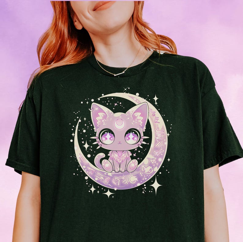 Pastel Goth Kawaii Moon Cat Shirt, Cute Graphic T-Shirt for Witchy & Harajuku Aesthetics image 2